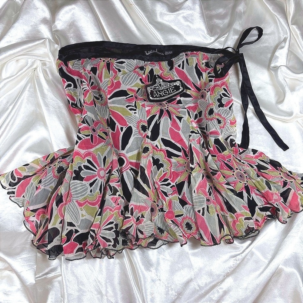 y2k Skirt Pink NEW Angie Floral Print Ruffle Mini Wrap Skirt Rayon Boho